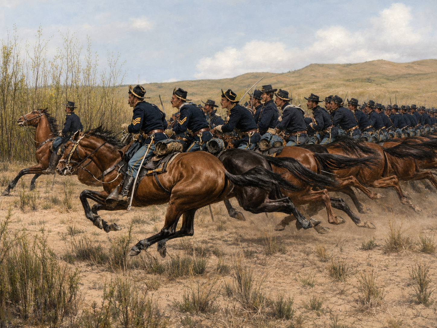 Civil War battle scene with cavalry and soldiers